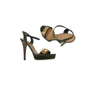 NIB Gucci Suede Military Green Bamboo Strap Heeled Sandals Size 38.5